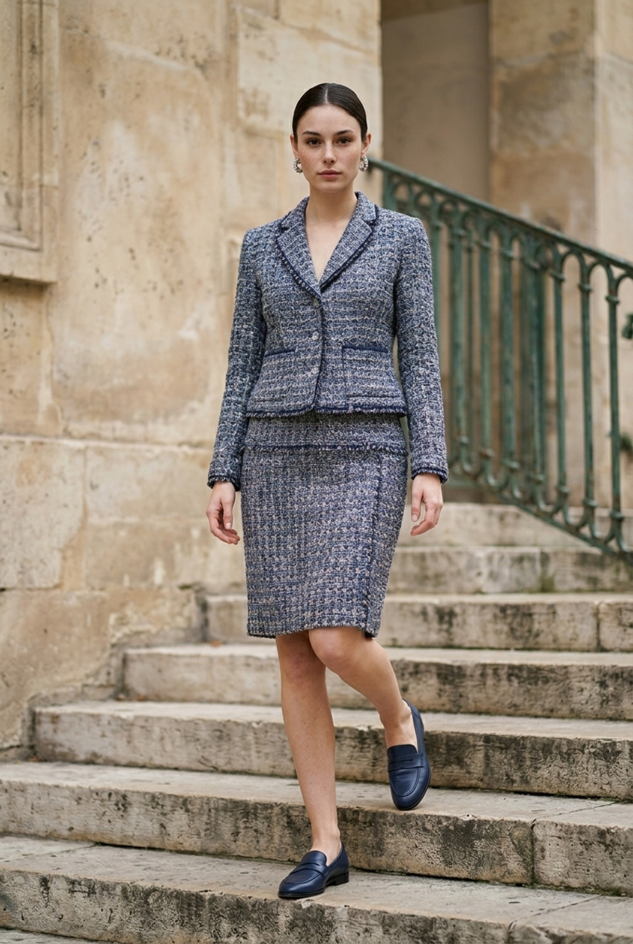 Brooks Brothers Women's Blue Tweed Fringe-Trim Two-Piece Skirt Suit Set